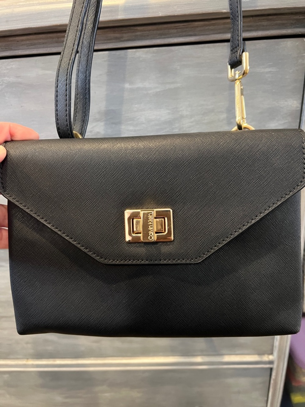 Calvin Klein Black Crossbody Envelope Bag with Gold Turn-Lock